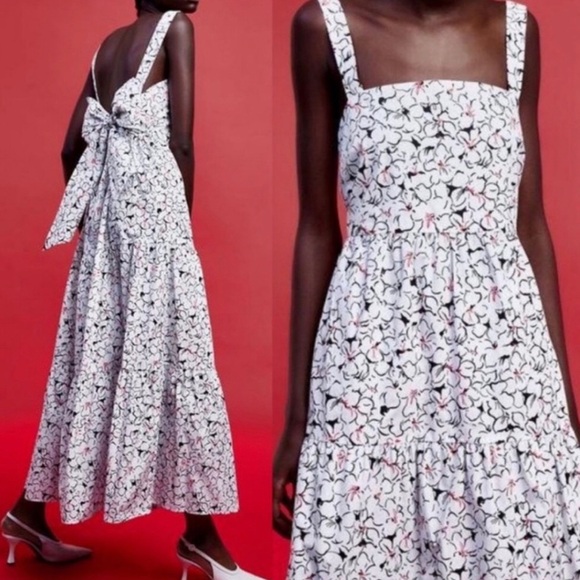 ZARA WHITE & BLACK FLORAL PRINT MAXI DRESS TIE BACK - Picture 12 of 13
